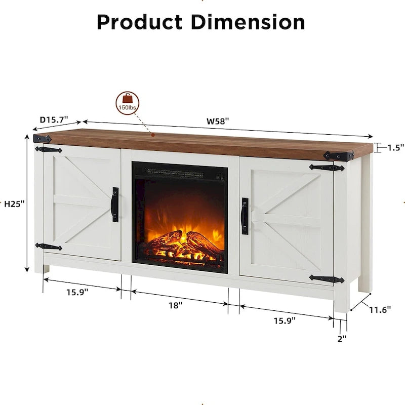 Meuble TV Rustique en Bois de Grange avec Insert de Cheminée Électrique, Blanc Antique