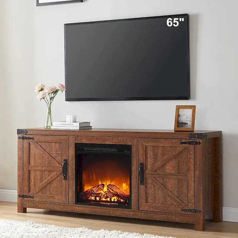 Meuble TV Rustique en Bois de Grange avec Insert de Cheminée Électrique, Blanc Antique