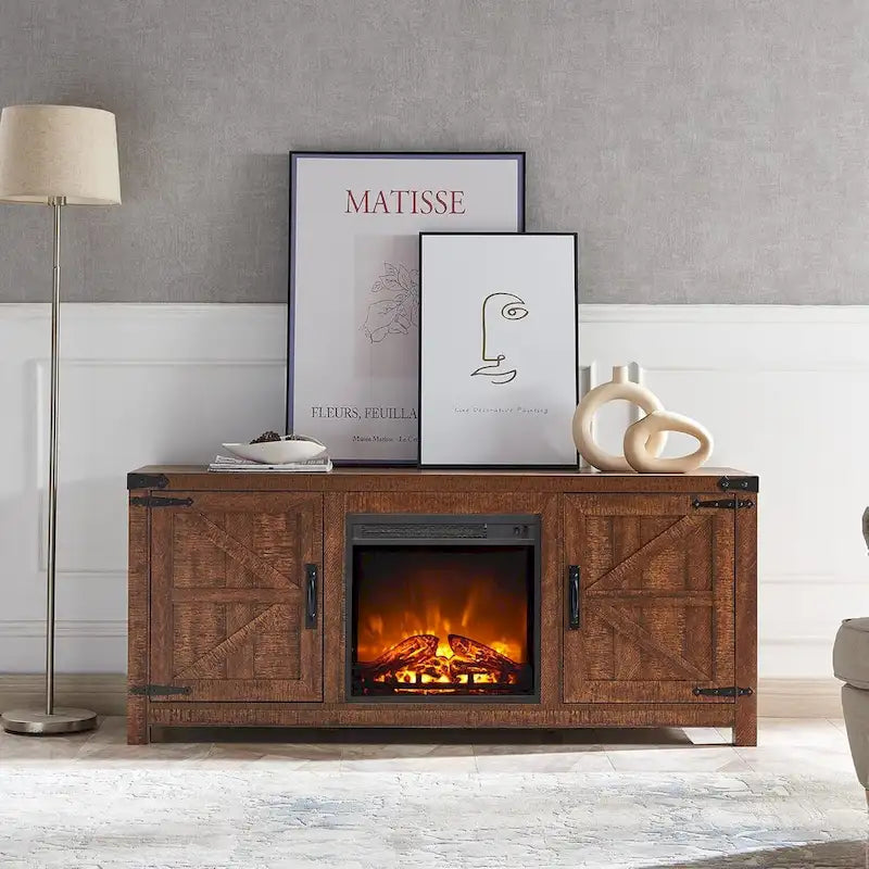 Meuble TV Rustique en Bois de Grange avec Insert de Cheminée Électrique, Blanc Antique