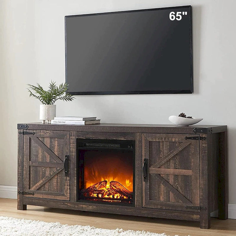 Meuble TV Rustique en Bois de Grange avec Insert de Cheminée Électrique, Blanc Antique