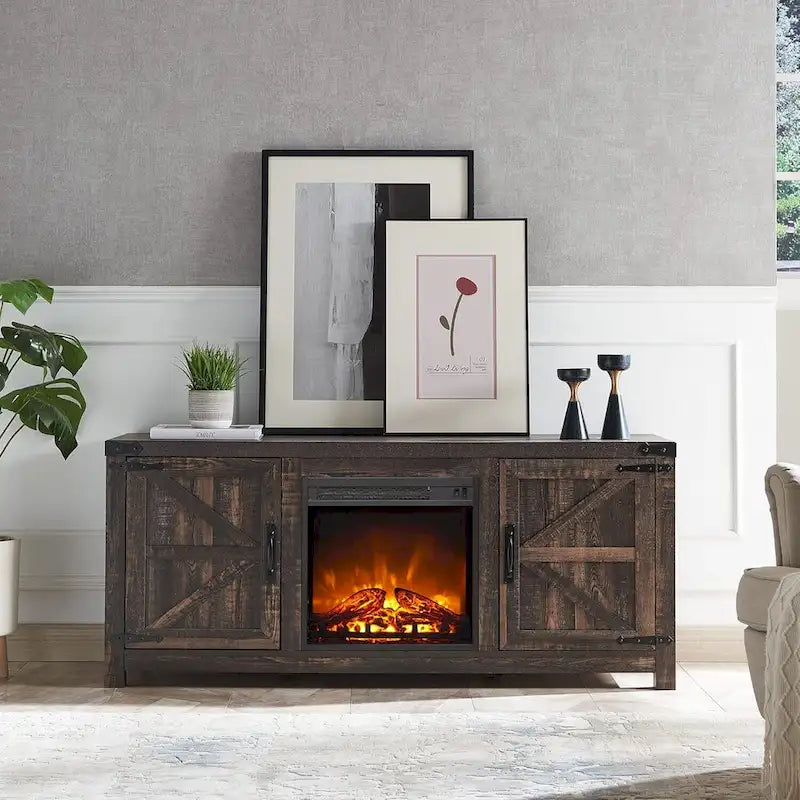 Meuble TV Rustique en Bois de Grange avec Insert de Cheminée Électrique, Blanc Antique