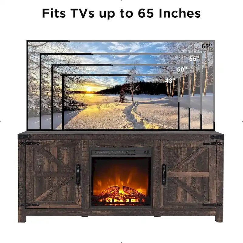 Meuble TV Rustique en Bois de Grange avec Insert de Cheminée Électrique, Blanc Antique