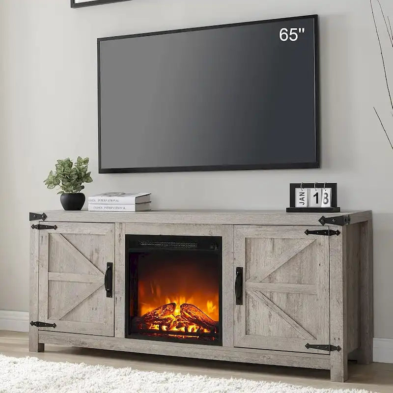 Meuble TV Rustique en Bois de Grange avec Insert de Cheminée Électrique, Blanc Antique