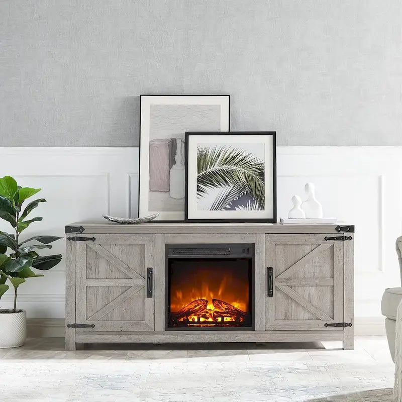 Meuble TV Rustique en Bois de Grange avec Insert de Cheminée Électrique, Blanc Antique