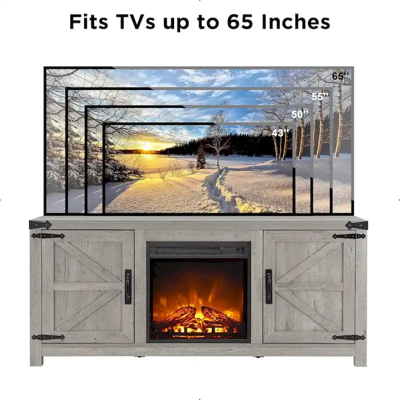 Meuble TV Rustique en Bois de Grange avec Insert de Cheminée Électrique, Blanc Antique