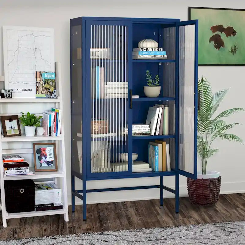 Vitrine haute en acier avec portes en verre et étagères réglables Noir et bleu