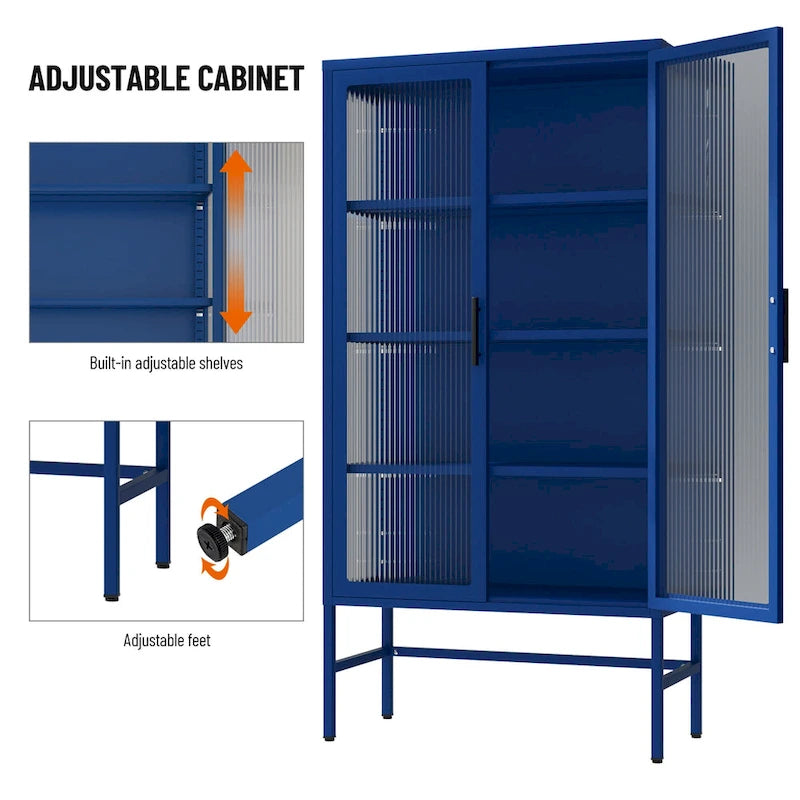 Vitrine haute en acier avec portes en verre et étagères réglables Noir et bleu
