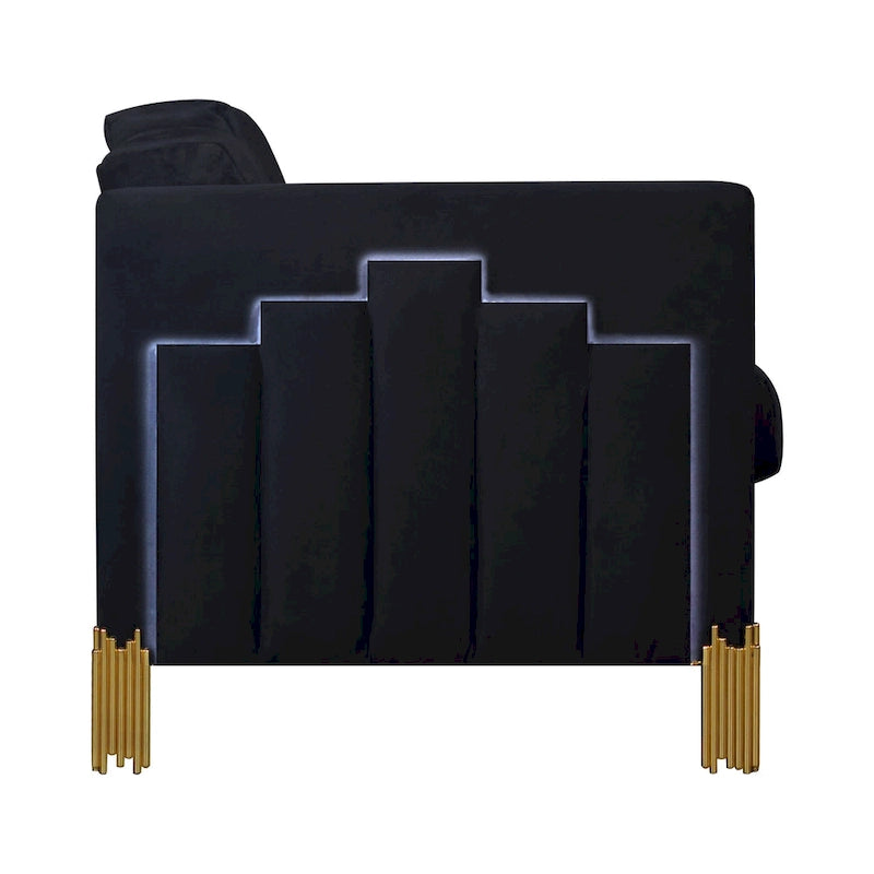Canapé capitonné en velours noir avec pieds en métal doré et éclairage d'appoint LED