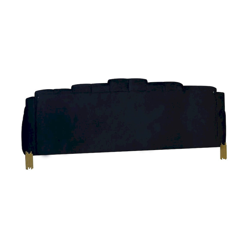 Canapé capitonné en velours noir avec pieds en métal doré et éclairage d'appoint LED