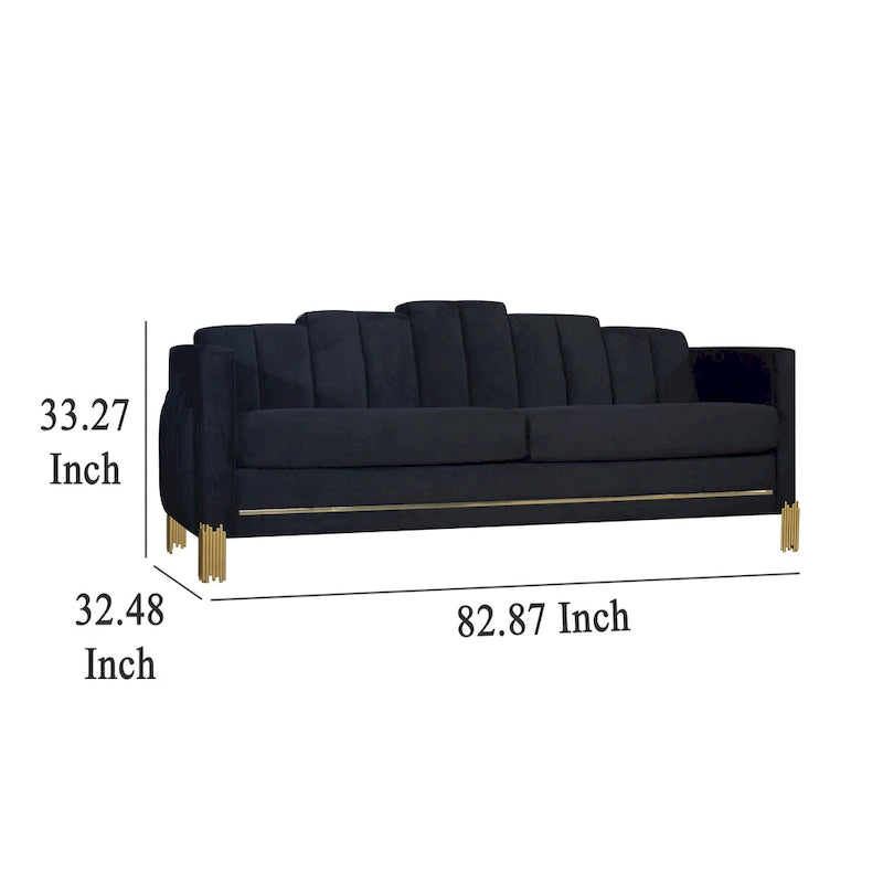 Canapé capitonné en velours noir avec pieds en métal doré et éclairage d'appoint LED