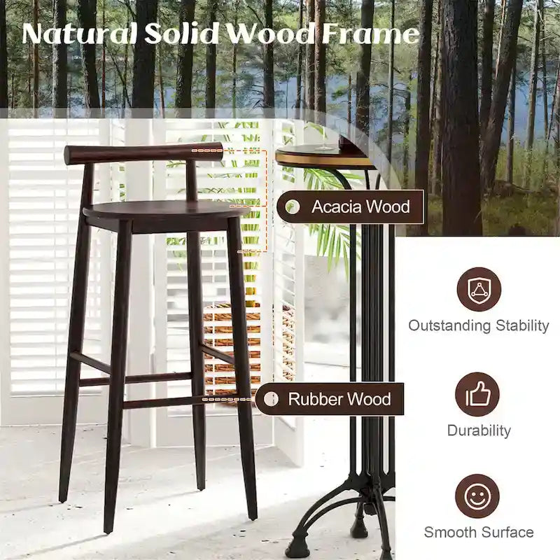 Tabouret de bar en bois avec structure en bois d'acacia, repose-pieds en bois d'hévéa, assise ronde marron