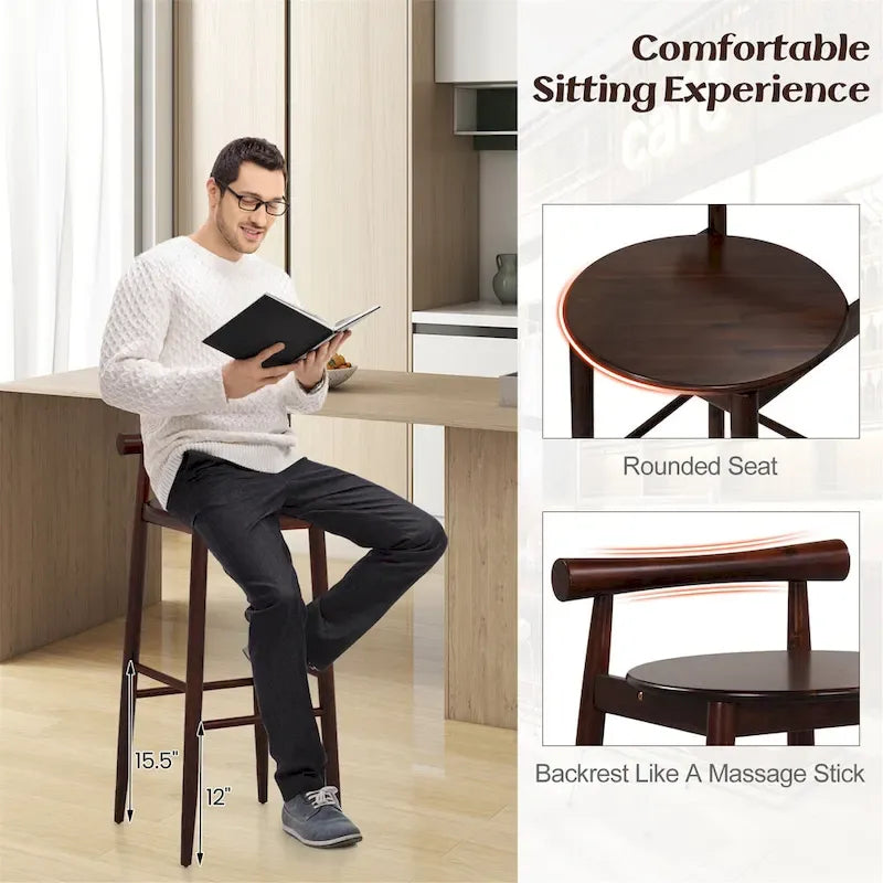 Tabouret de bar en bois avec structure en bois d'acacia, repose-pieds en bois d'hévéa, assise ronde marron