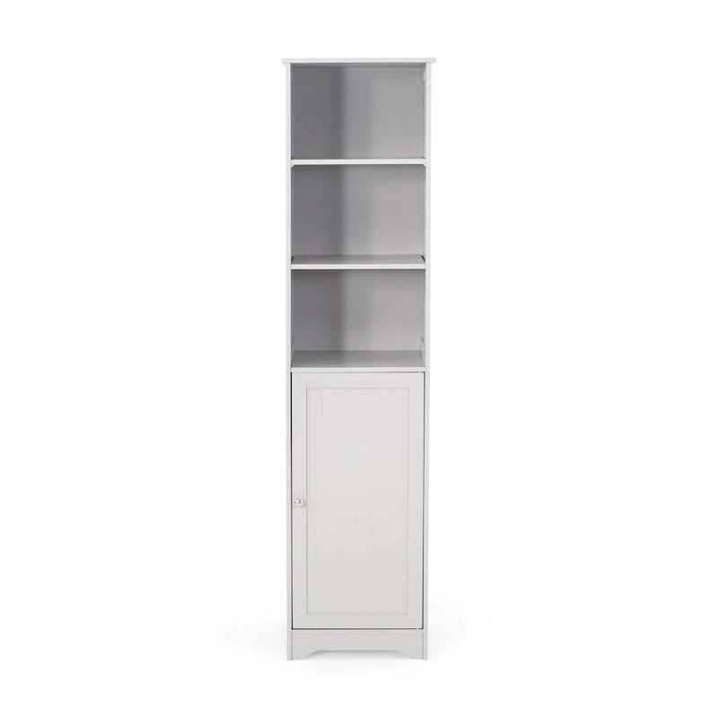 Meuble de rangement de salle de bain autoportant avec étagères ouvertes et porte, blanc mat