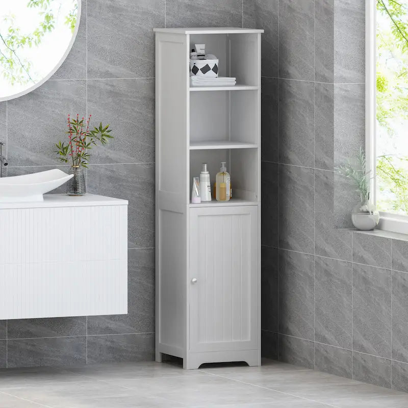 Meuble de rangement de salle de bain autoportant avec étagères ouvertes et porte, blanc mat