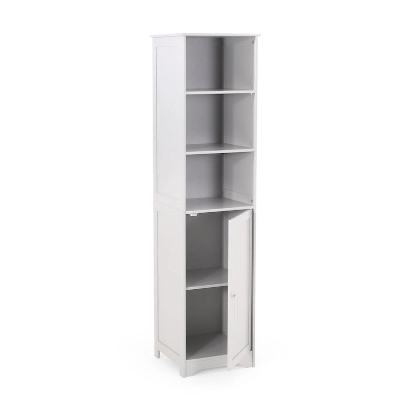 Meuble de rangement de salle de bain autoportant avec étagères ouvertes et porte, blanc mat