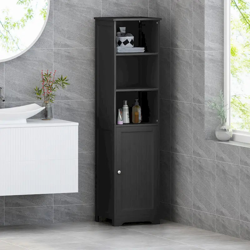 Meuble de rangement de salle de bain autoportant avec étagères ouvertes et porte, blanc mat