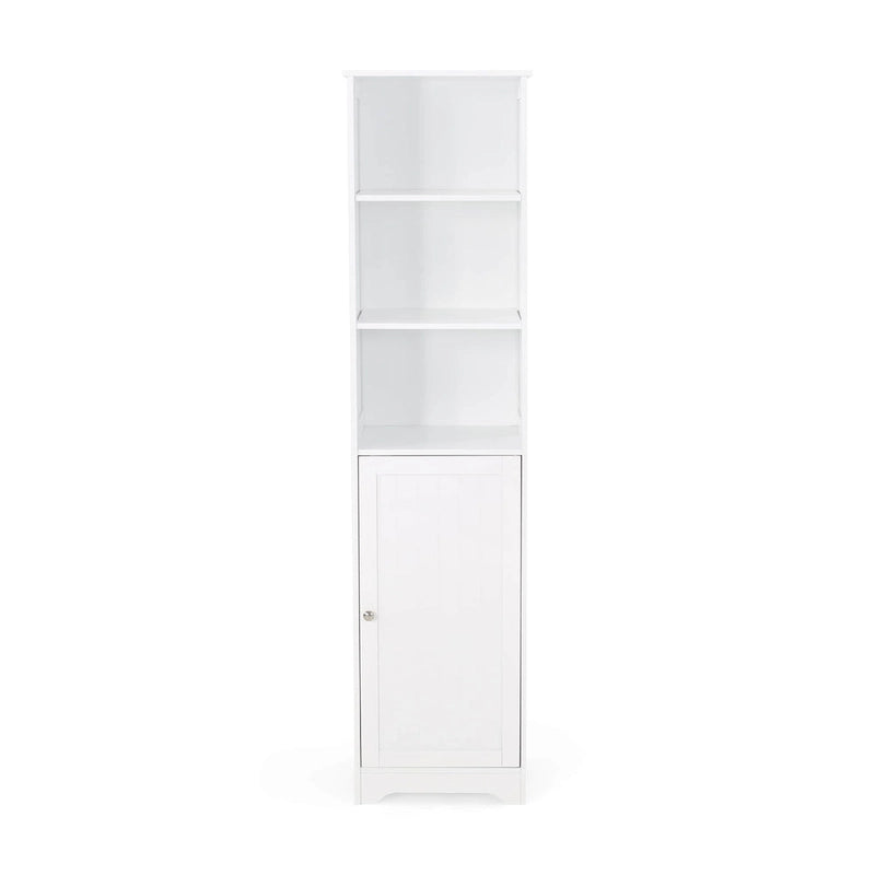 Meuble de rangement de salle de bain autoportant avec étagères ouvertes et porte, blanc mat