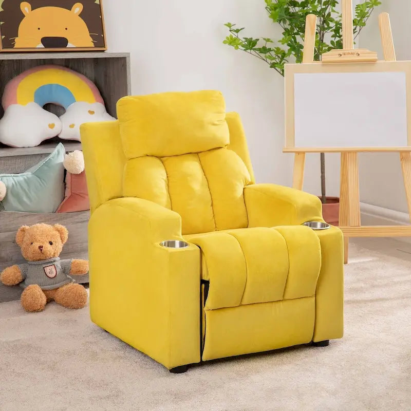 Fauteuil inclinable pour enfants avec repose-pieds, appui-tête, deux porte-gobelets, siège de salon rembourré en microfibre