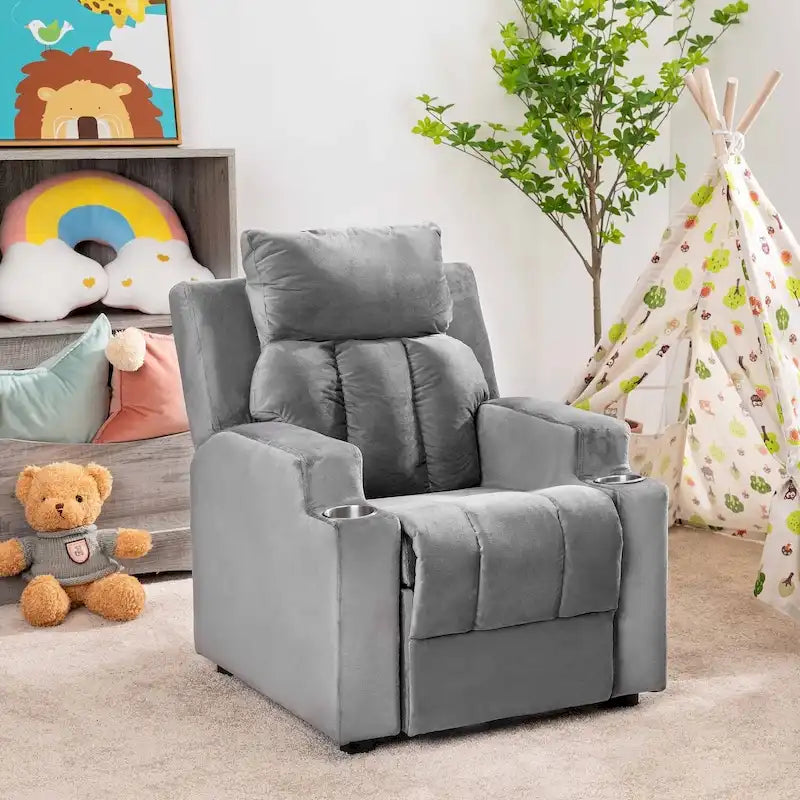 Fauteuil inclinable pour enfants avec repose-pieds, appui-tête, deux porte-gobelets, siège de salon rembourré en microfibre