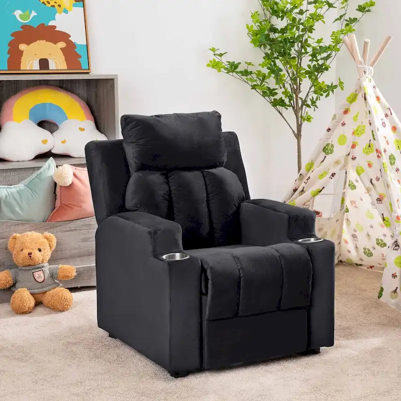 Fauteuil inclinable pour enfants avec repose-pieds, appui-tête, deux porte-gobelets, siège de salon rembourré en microfibre
