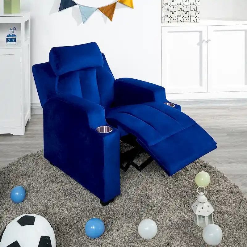 Fauteuil inclinable pour enfants avec repose-pieds, appui-tête, deux porte-gobelets, siège de salon rembourré en microfibre