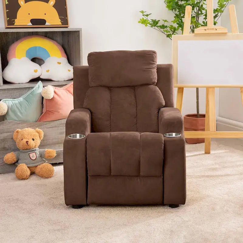 Fauteuil inclinable pour enfants avec repose-pieds, appui-tête, deux porte-gobelets, siège de salon rembourré en microfibre