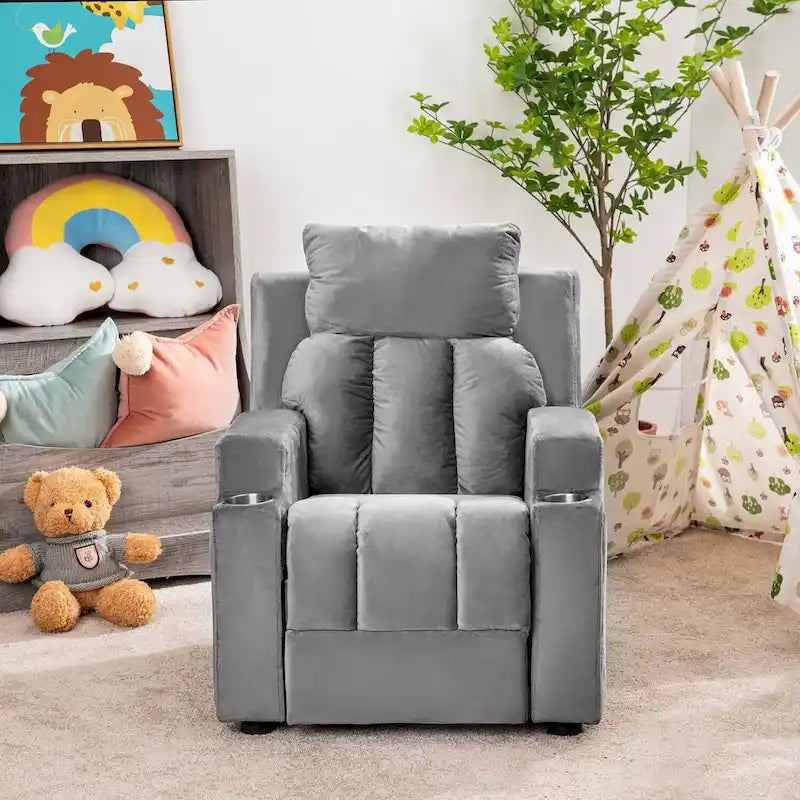 Fauteuil inclinable pour enfants avec repose-pieds, appui-tête, deux porte-gobelets, siège de salon rembourré en microfibre