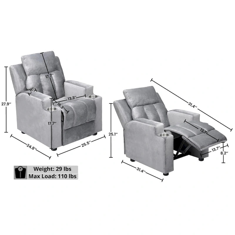 Fauteuil inclinable pour enfants avec repose-pieds, appui-tête, deux porte-gobelets, siège de salon rembourré en microfibre