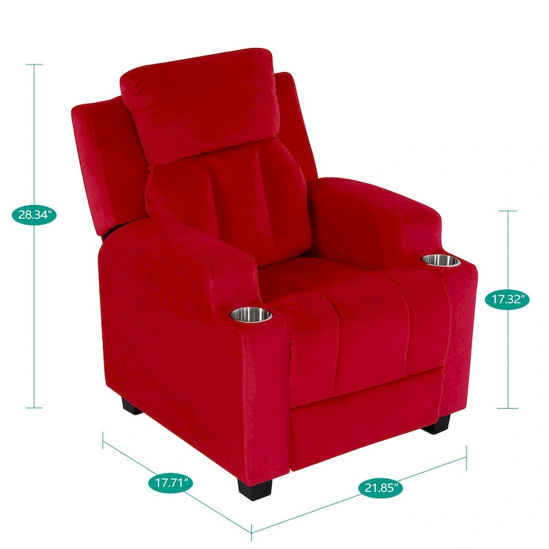 Fauteuil inclinable pour enfants avec repose-pieds, appui-tête, deux porte-gobelets, siège de salon rembourré en microfibre