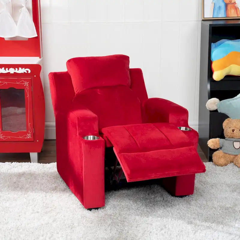 Fauteuil inclinable pour enfants avec repose-pieds, appui-tête, deux porte-gobelets, siège de salon rembourré en microfibre