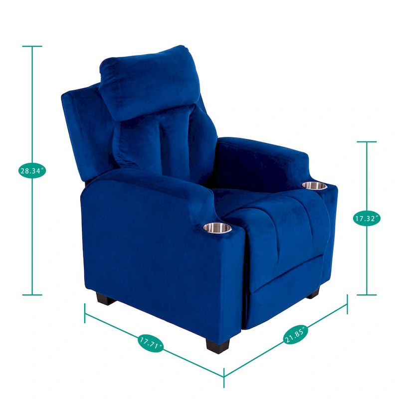 Fauteuil inclinable pour enfants avec repose-pieds, appui-tête, deux porte-gobelets, siège de salon rembourré en microfibre