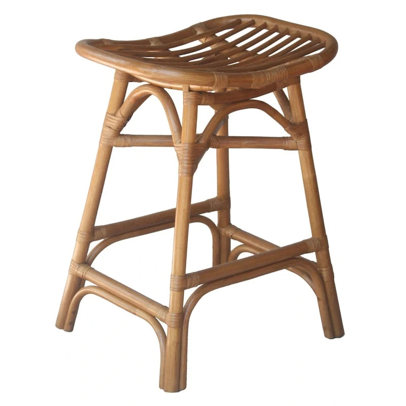 Tabouret de bar Boho en rotin, siège de selle, cadre courbé, tissage naturel