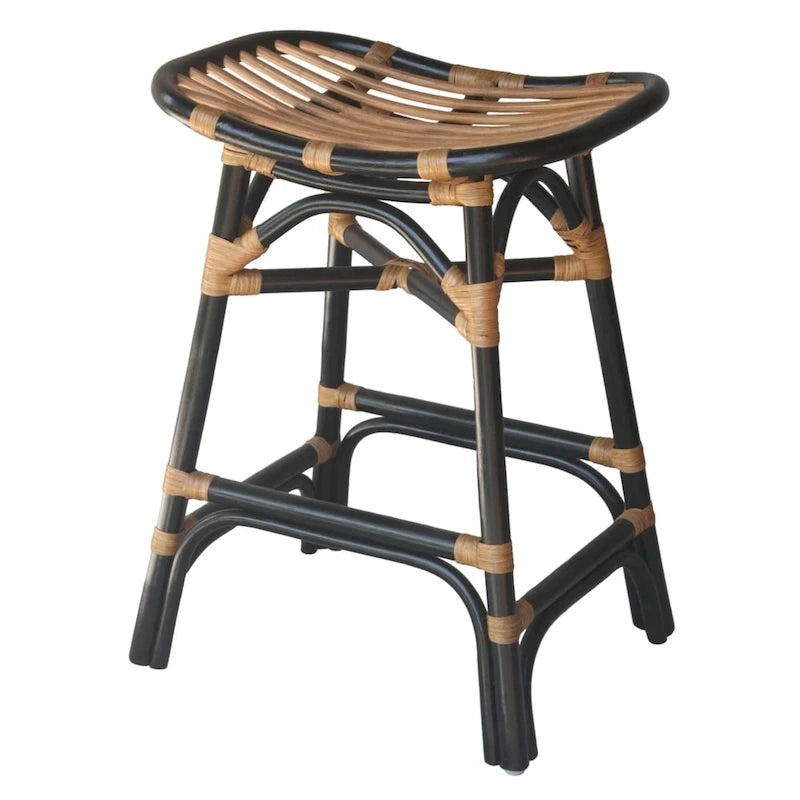 Tabouret de bar Boho en rotin, siège de selle, cadre courbé, tissage naturel