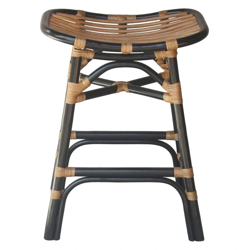 Tabouret de bar Boho en rotin, siège de selle, cadre courbé, tissage naturel