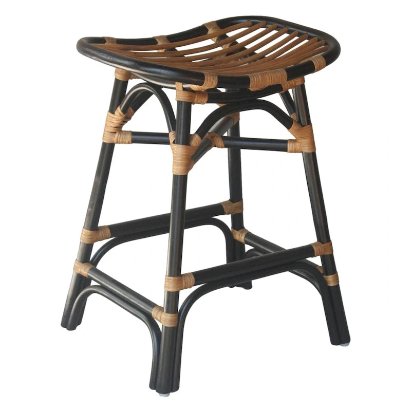Tabouret de bar Boho en rotin, siège de selle, cadre courbé, tissage naturel