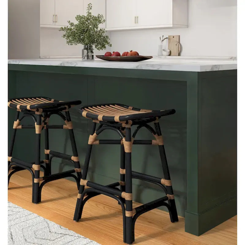 Tabouret de bar Boho en rotin, siège de selle, cadre courbé, tissage naturel