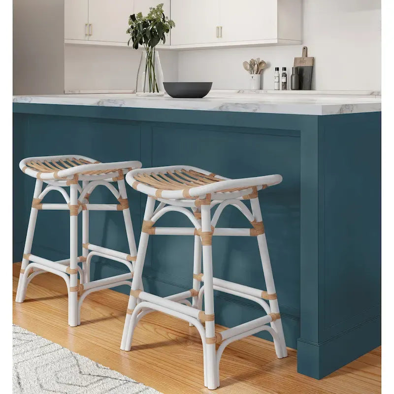 Tabouret de bar Boho en rotin, siège de selle, cadre courbé, tissage naturel