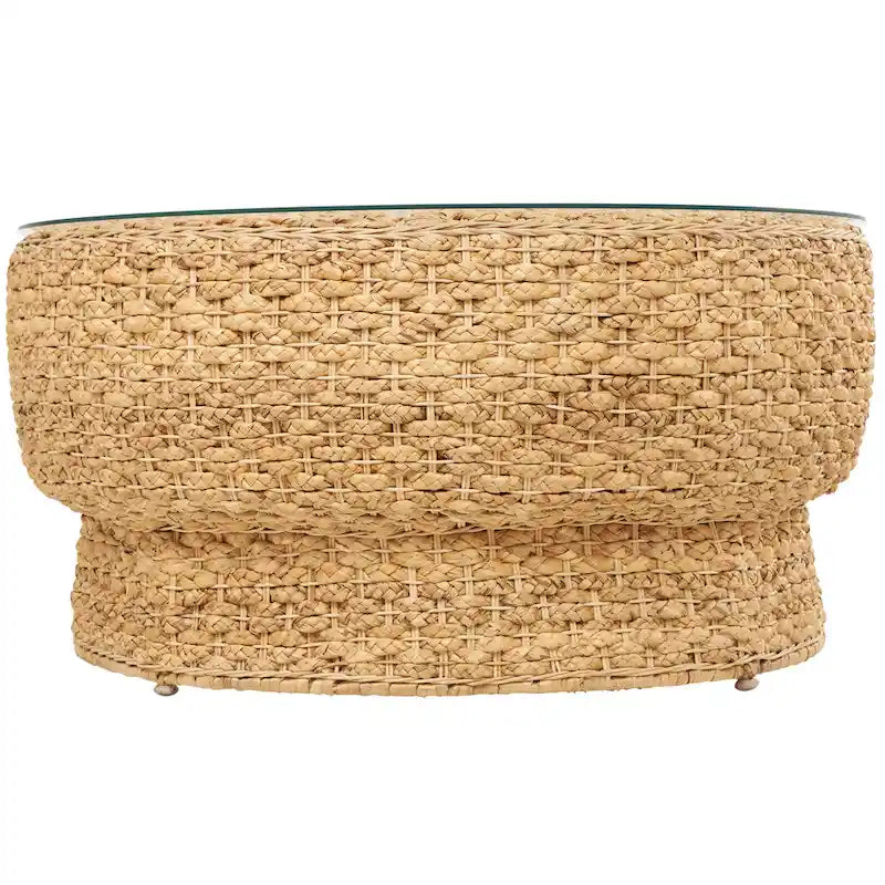 Table basse ronde en jacinthe d'eau tressée avec plateau en verre transparent, couleur marron naturel