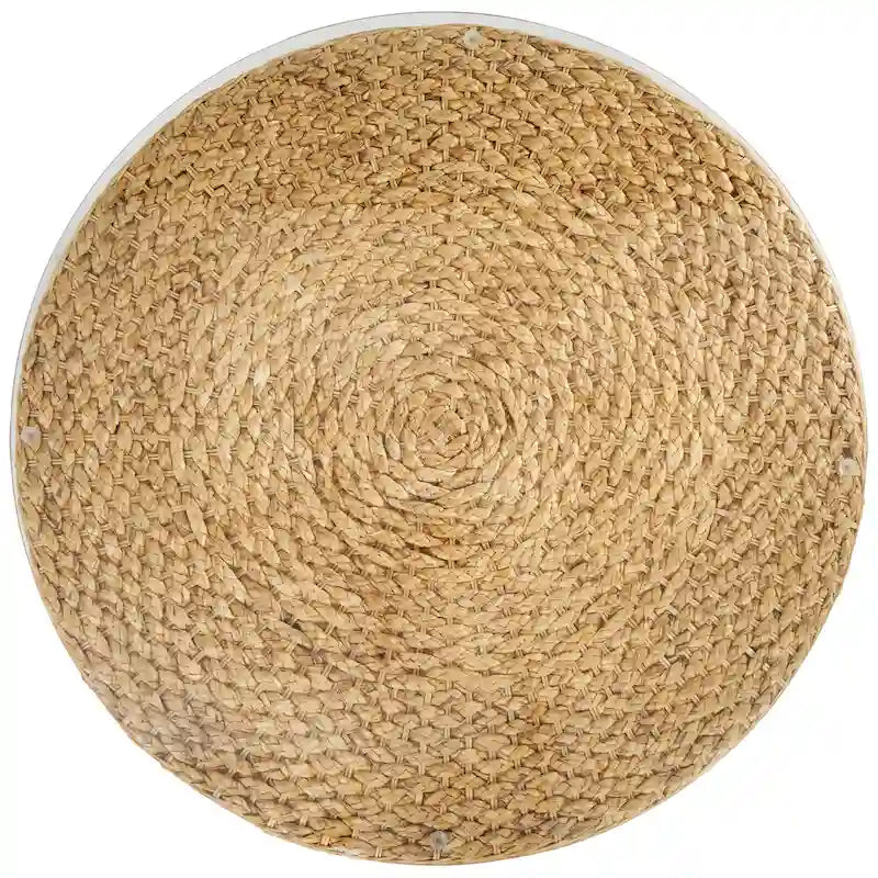 Table basse ronde en jacinthe d'eau tressée avec plateau en verre transparent, couleur marron naturel