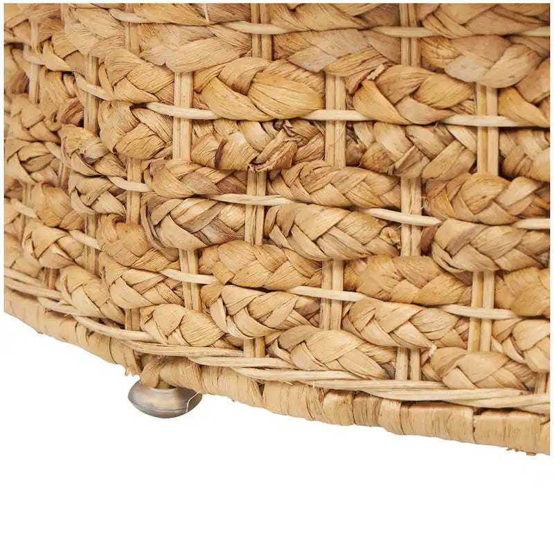 Table basse ronde en jacinthe d'eau tressée avec plateau en verre transparent, couleur marron naturel