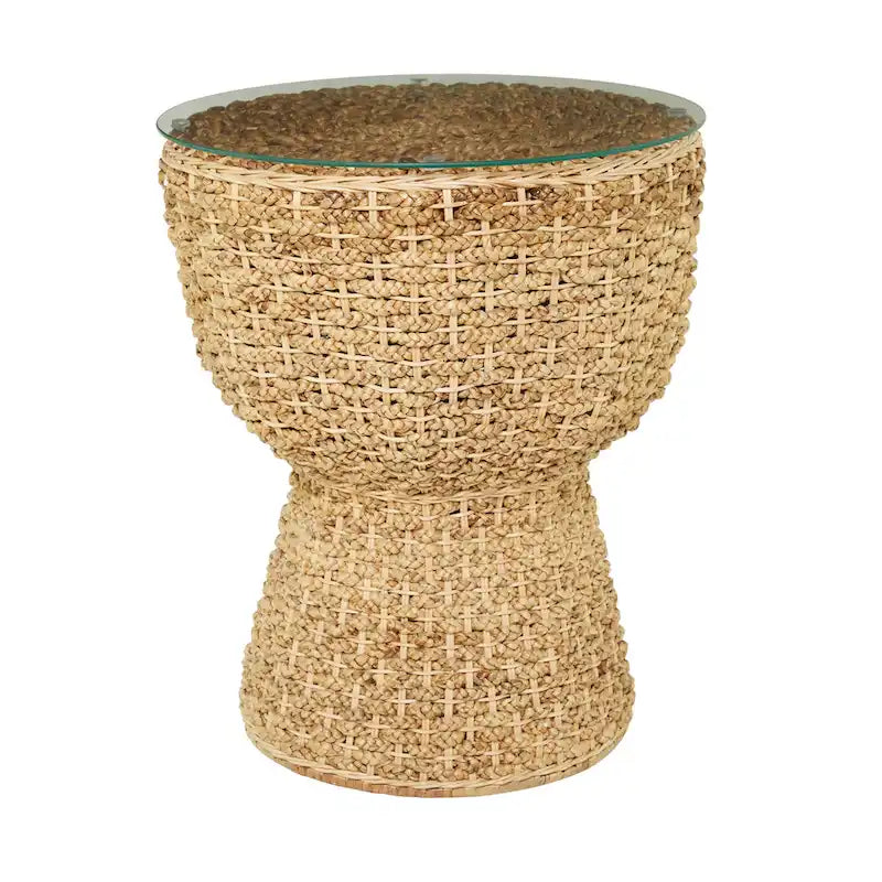 Table basse ronde en jacinthe d'eau tressée avec plateau en verre transparent, couleur marron naturel
