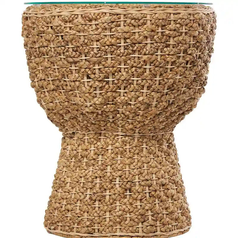 Table basse ronde en jacinthe d'eau tressée avec plateau en verre transparent, couleur marron naturel