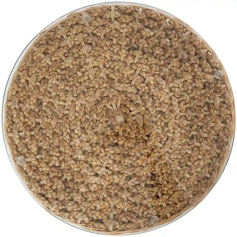 Table basse ronde en jacinthe d'eau tressée avec plateau en verre transparent, couleur marron naturel