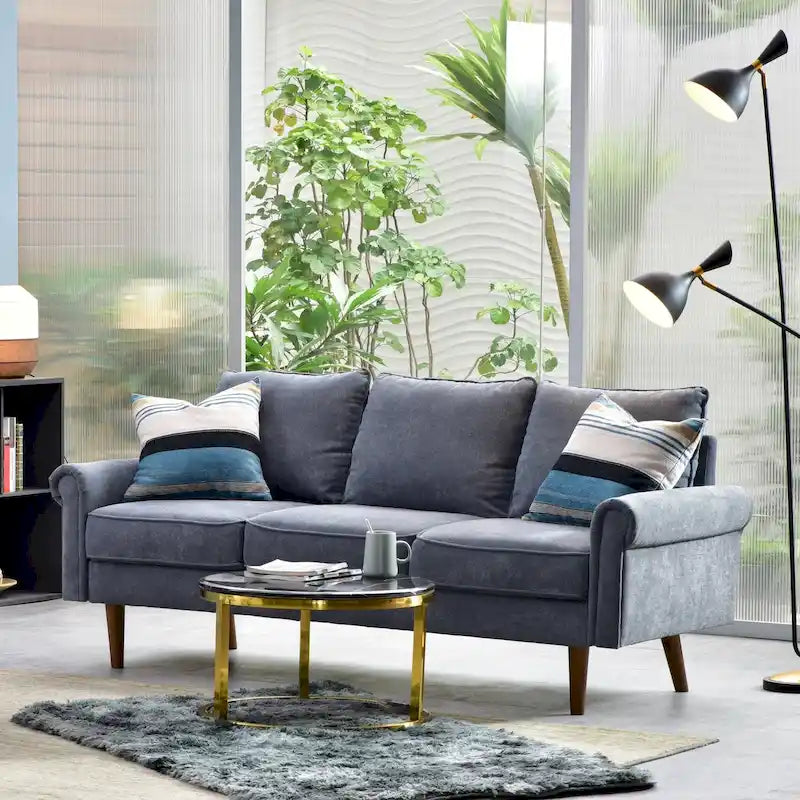 Canapé trois places en velours style Mid-Century avec pieds en bois massif