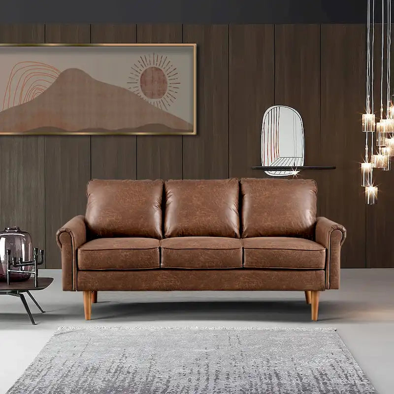 Canapé trois places en velours style Mid-Century avec pieds en bois massif