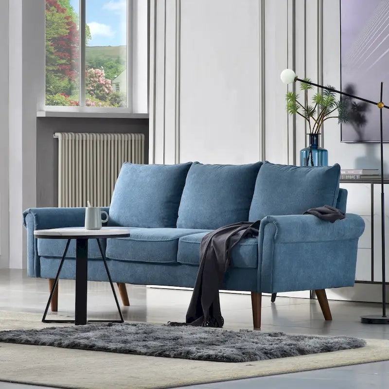 Canapé trois places en velours style Mid-Century avec pieds en bois massif