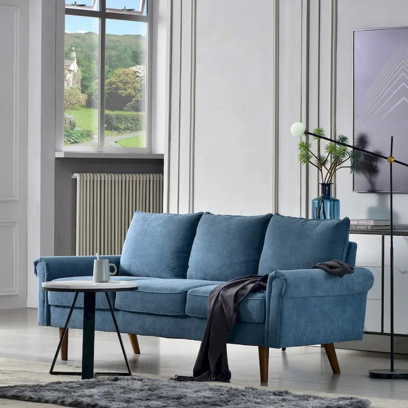 Canapé trois places en velours style Mid-Century avec pieds en bois massif