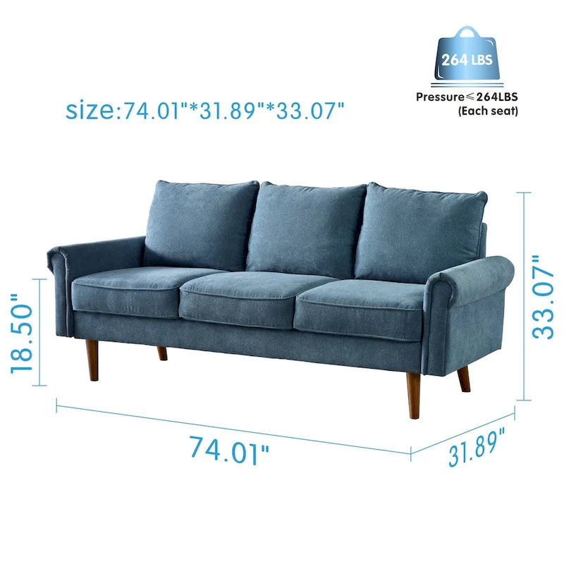 Canapé trois places en velours style Mid-Century avec pieds en bois massif