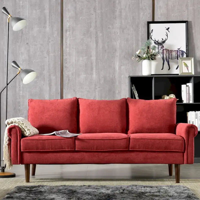 Canapé trois places en velours style Mid-Century avec pieds en bois massif
