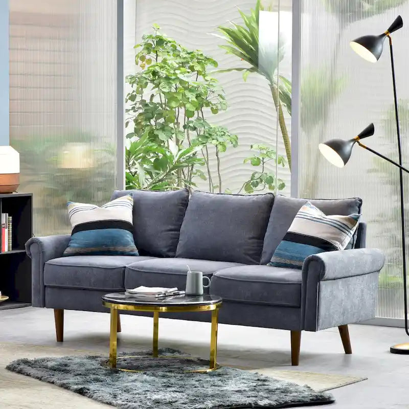 Canapé trois places en velours style Mid-Century avec pieds en bois massif